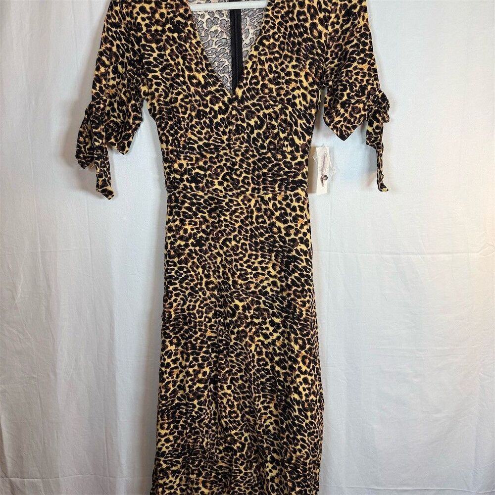 Jessica Simpson Dress Womens M Brown Leopard Print V-Neck Midi Tie Sleeves